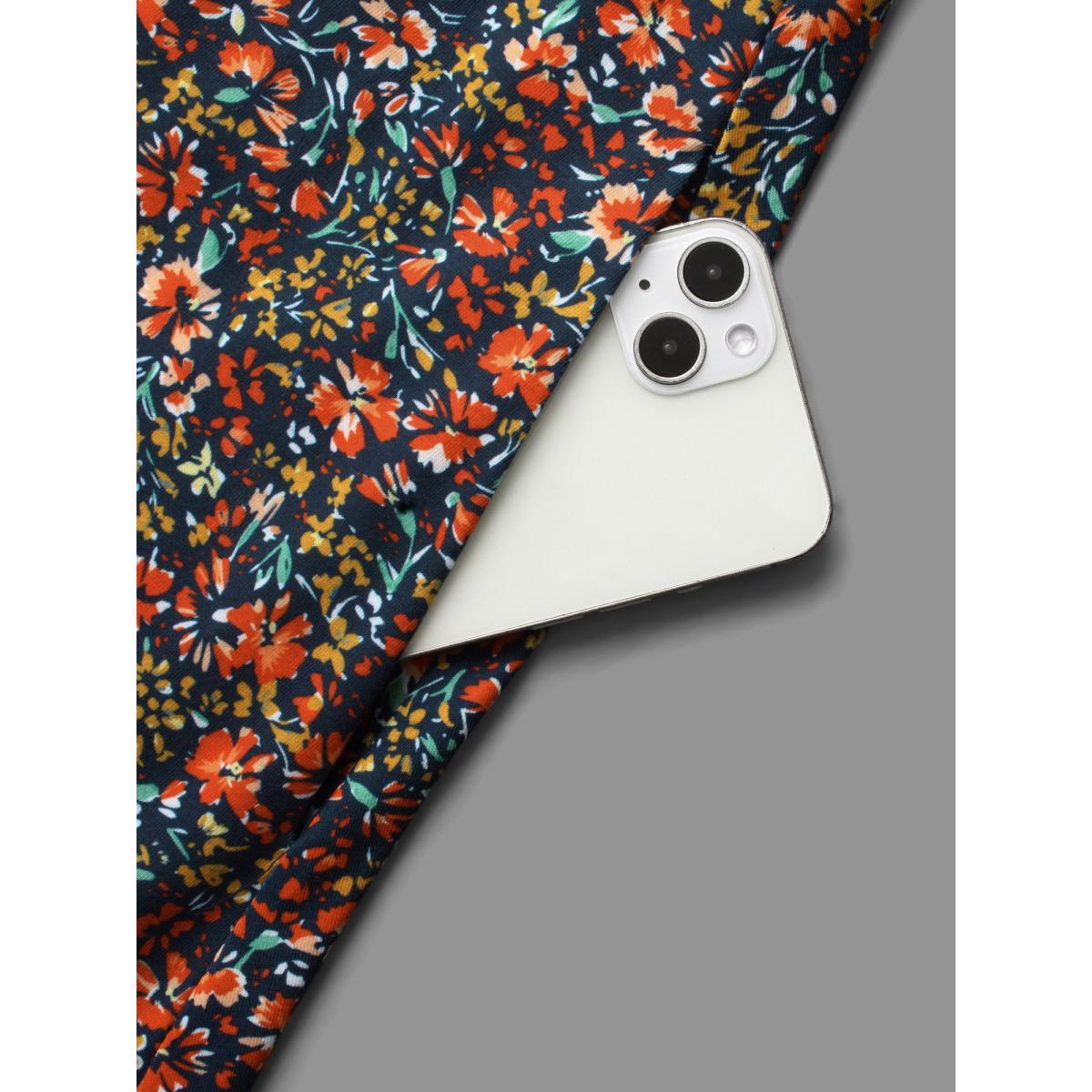 Plus Size Ditsy Floral Drawstring Midi Dress DarkBlue Women Casual Drawstring Knit Dresses Bloomchic 26/4X Product Image