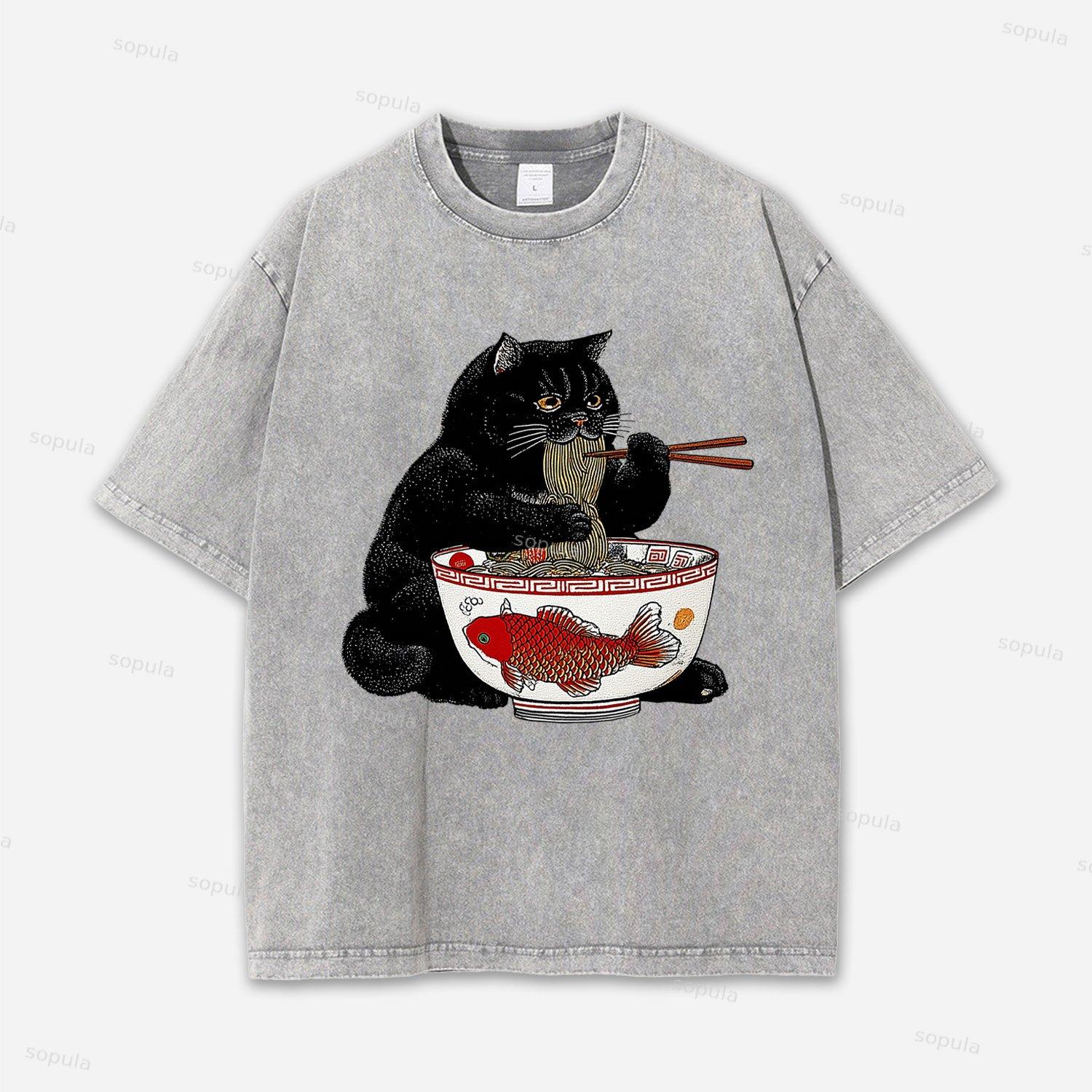 Fat Cat Eating Ramen Acid Washed T-shirt Product Image