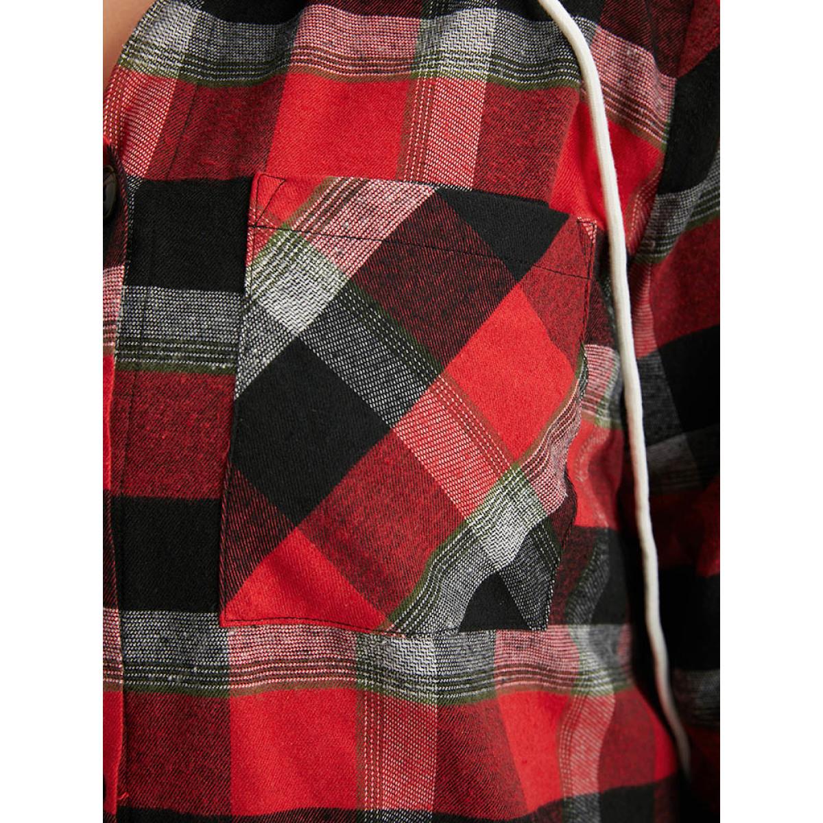 Plus Size Plaid Patchwork Hooded Drawstring Button Through Jacket Women Red Casual Jackets BloomChic 30/6X Product Image