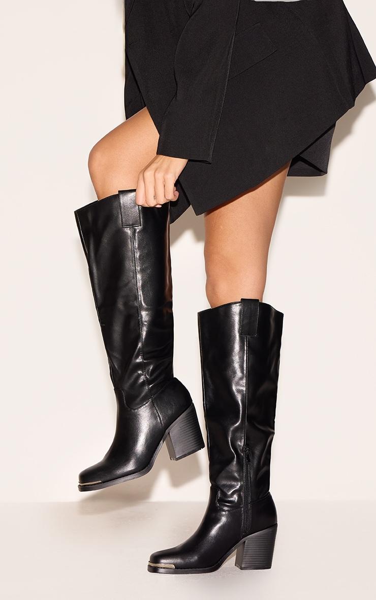 Black PU Square Toe Knee High Block Heeled Western Boots Product Image