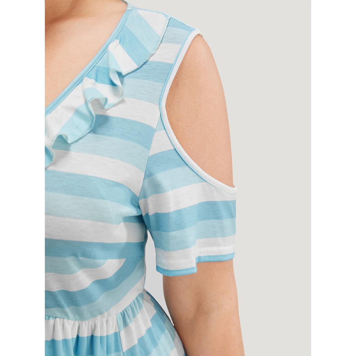 Plus Size Striped Contrast Pocket Ruffle Trim Cold Shoulder Dress LightBlue Women Casual Contrast Cold Shoulder Short sleeve Curvy Midi Dress BloomChic 26/4X Product Image