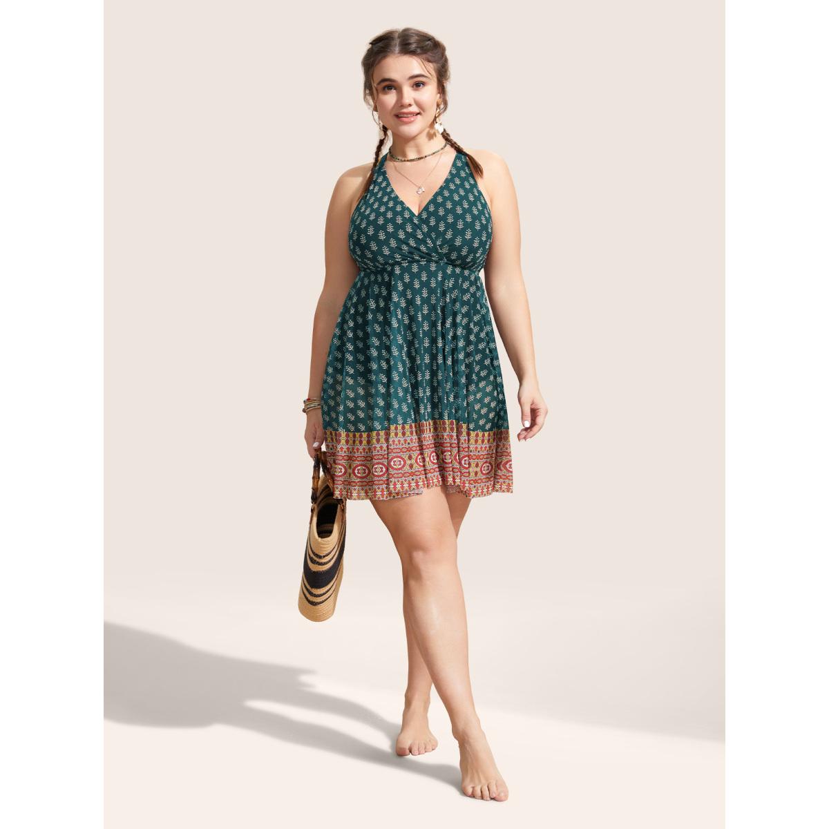 Plus Size Overlap Collar Boho Print Patchwork Swim Dress Women's Swimwear Cyan Beach Bodycon Overlap Collar High stretch Curve Swim Dresses BloomChic 22-24/3X Product Image