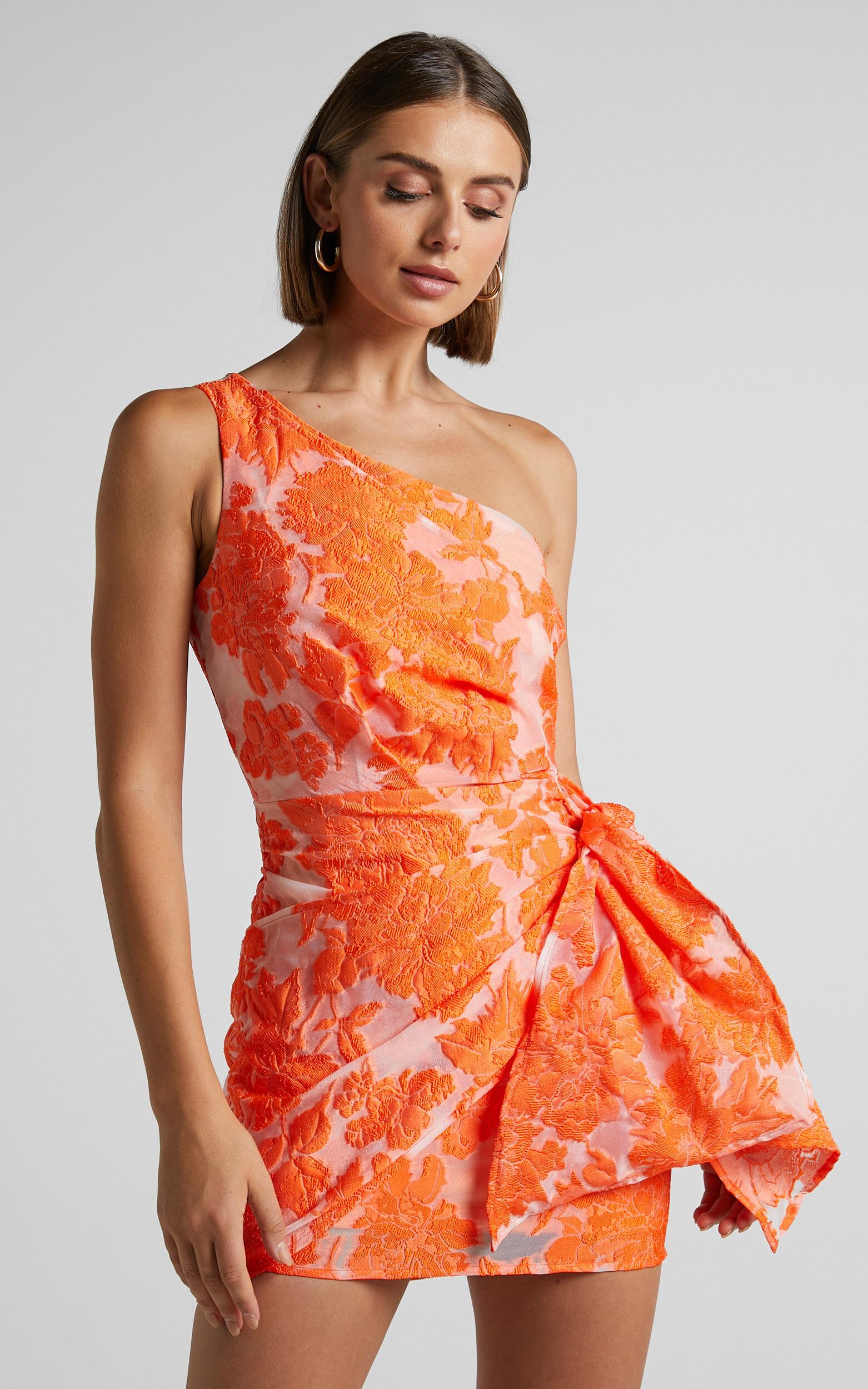 Brailey Mini Dress - One Shoulder Wrap Front Dress in Orange Jacquard Product Image