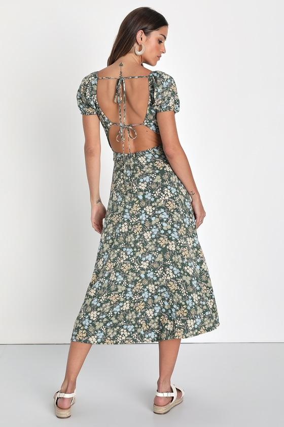 Meadow Muse Green Floral Tie-Back Puff Sleeve Midi Dress Product Image
