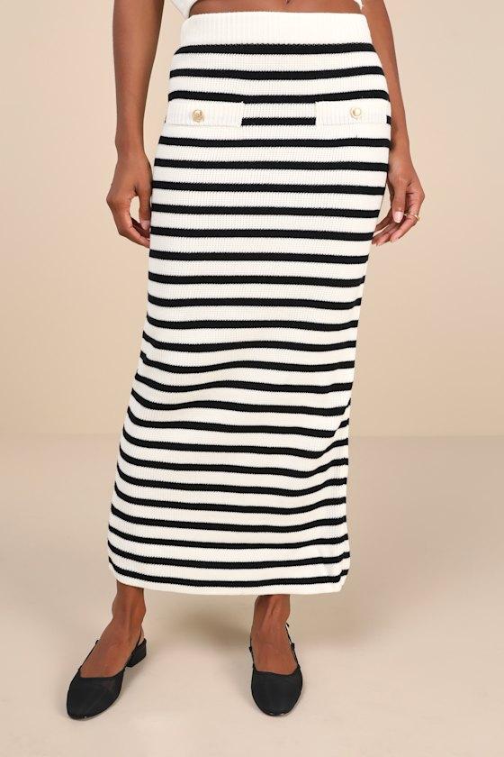 Exemplary Chicness Ivory Striped Sweater Knit Midi Skirt Product Image