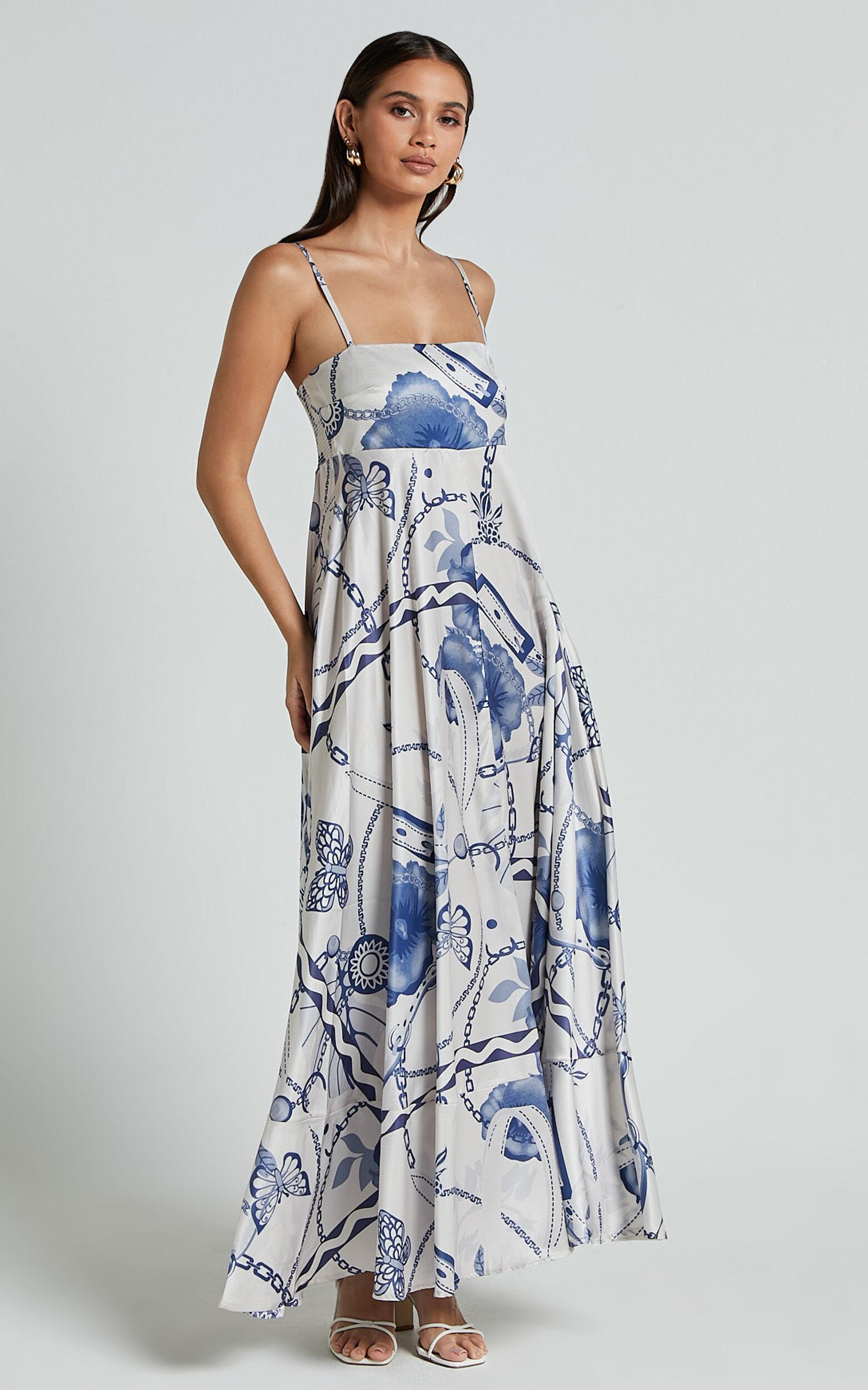 Yasmine Midi Dress - Straight Neck Sleeveless A Line Dress in Blue and White Porcelain Print Product Image