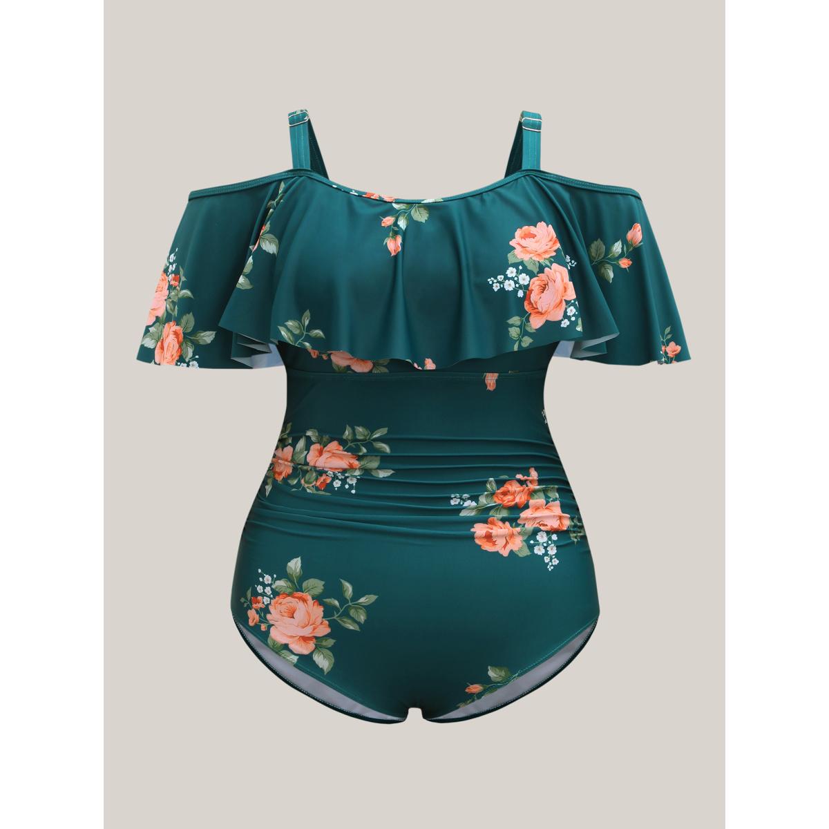 Plus Size Two-Piece Floral Ruffled Knotted One-Piece, Sarong Women's Swimwear Teal Resort Tie knot Curve Bathing Suits High stretch One Pieces BloomChic 14-16/1X Product Image