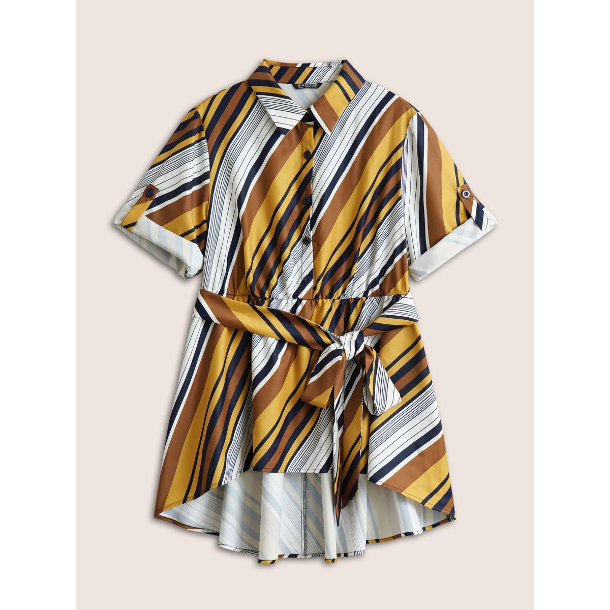 Plus Size Bronze Color Striped Ties High Low Hem Blouse Women At the Office Elbow-length sleeve Shirt collar Work Blouses BloomChic 18-20/2X Product Image