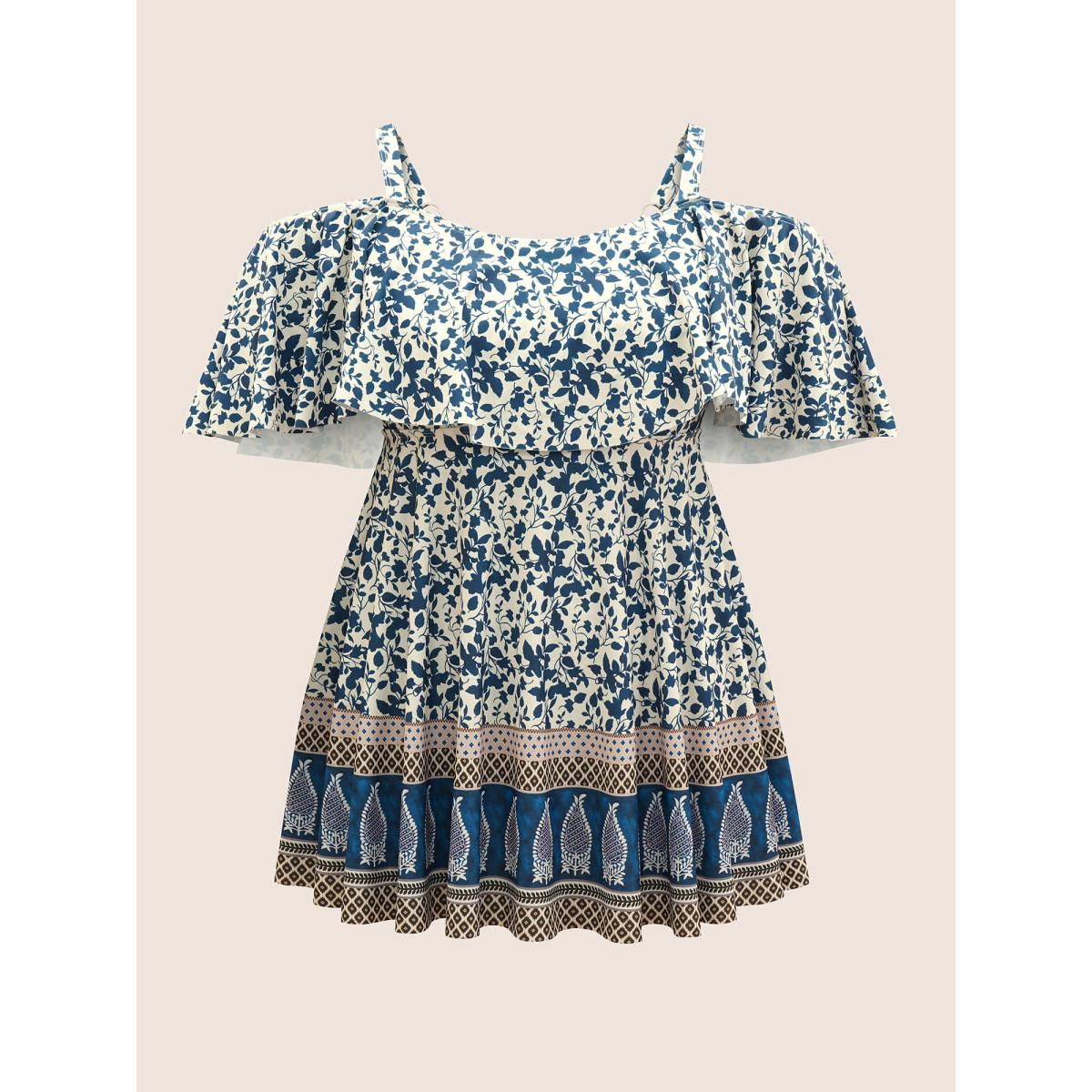 Plus Size Bandana Print Cold Shoulder Swim Dress Women's Swimwear Indigo Beach Bodycon One-shoulder neck High stretch Curve Swim Dresses BloomChic 30/6X Product Image