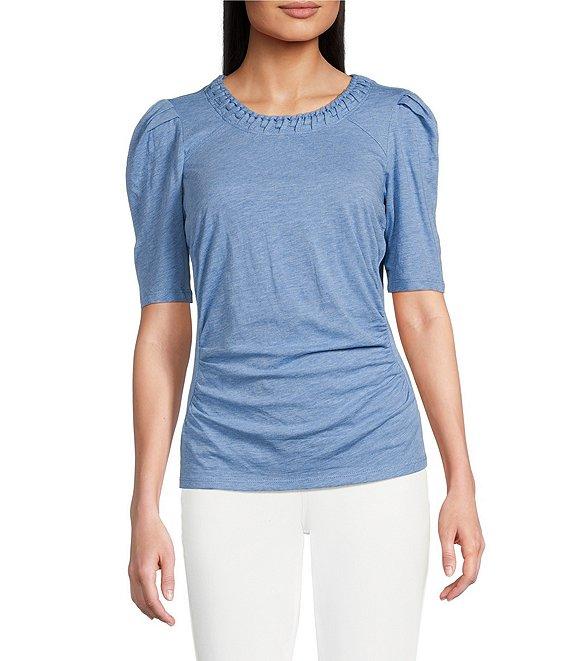 Democracy Knit Soutache Embroidered Scoop Neck Elbow Sleeve Side Ruched Top Product Image