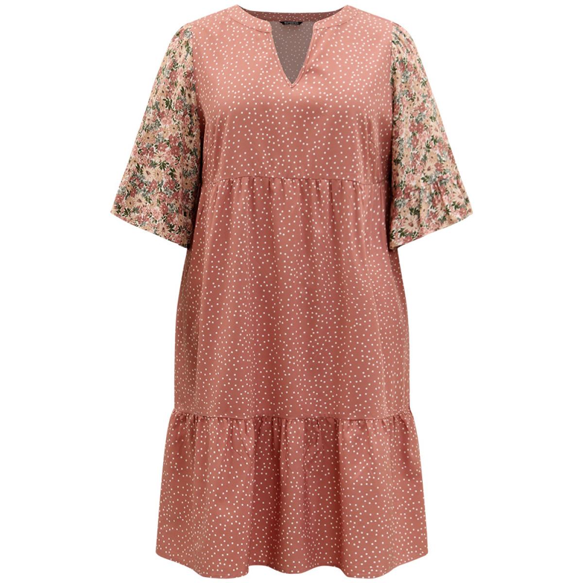 Plus Size Polka Dot & Ditsy Floral Print Notched Flutter Dress Rouge Women Elegant Printed Notched collar Half Sleeve Curvy Midi Dress BloomChic 22-24/3X Product Image