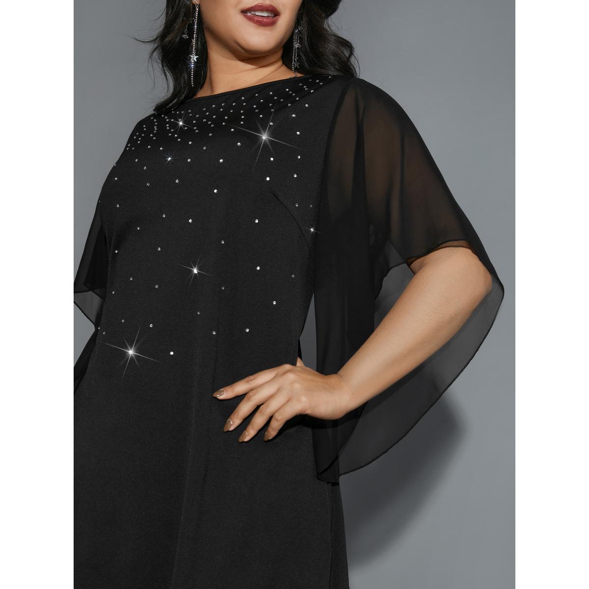 Plus Size Rhinestone Ruffle Sleeve Mesh Patchwork Dress Pureblack Women Party&Cocktail Rhinestone detailing Party Curvy Bloomchic 18-20/2X Product Image