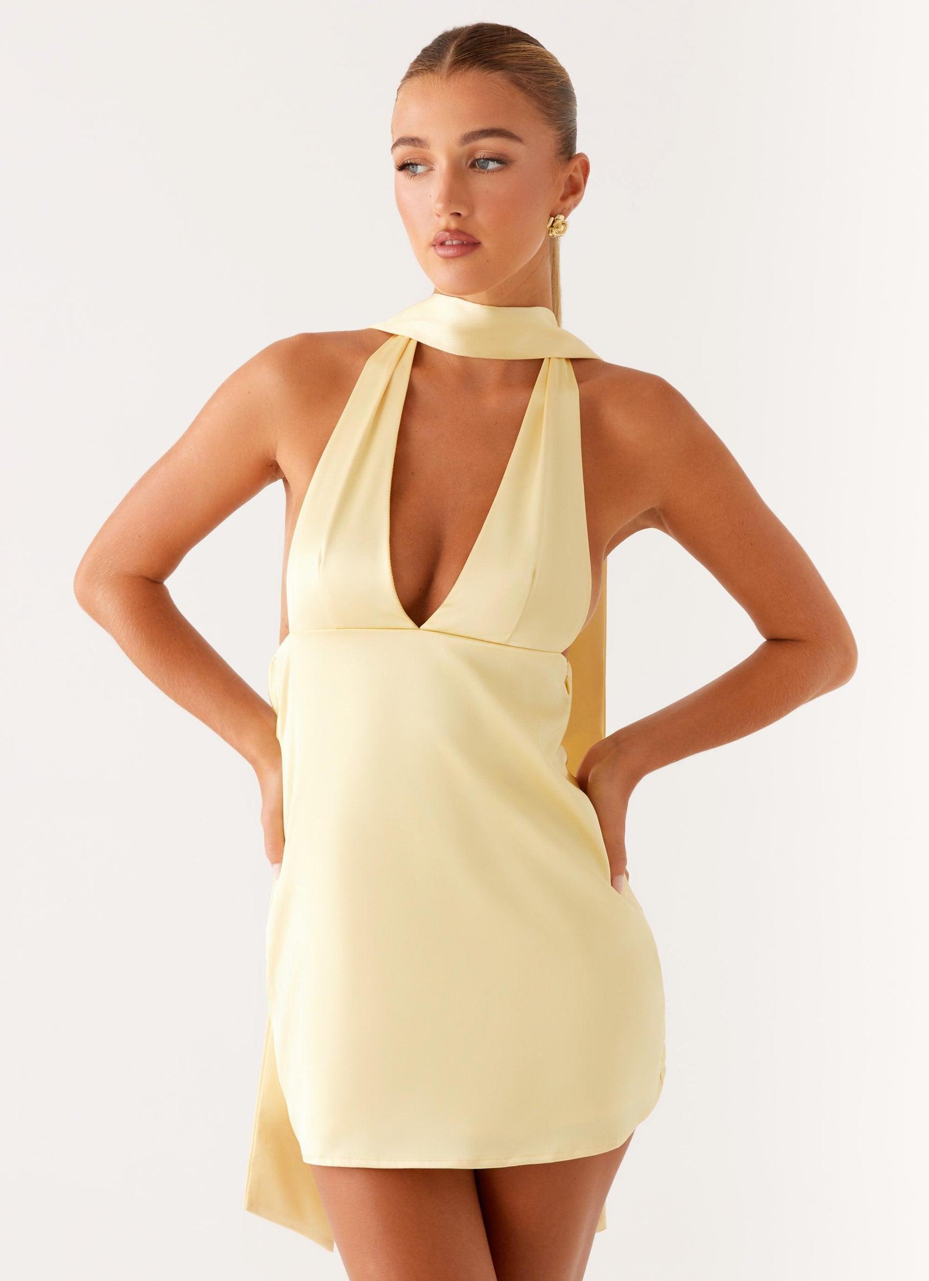 Alicia Satin Halter Mini Dress - Pastel Yellow Product Image