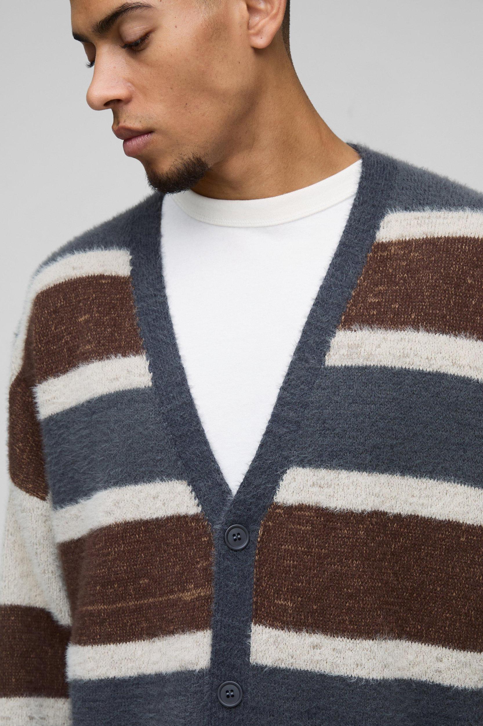 Oversized Dropped Shoulder Brushed Stripe Knitted Cardigan | boohooMAN USA Product Image