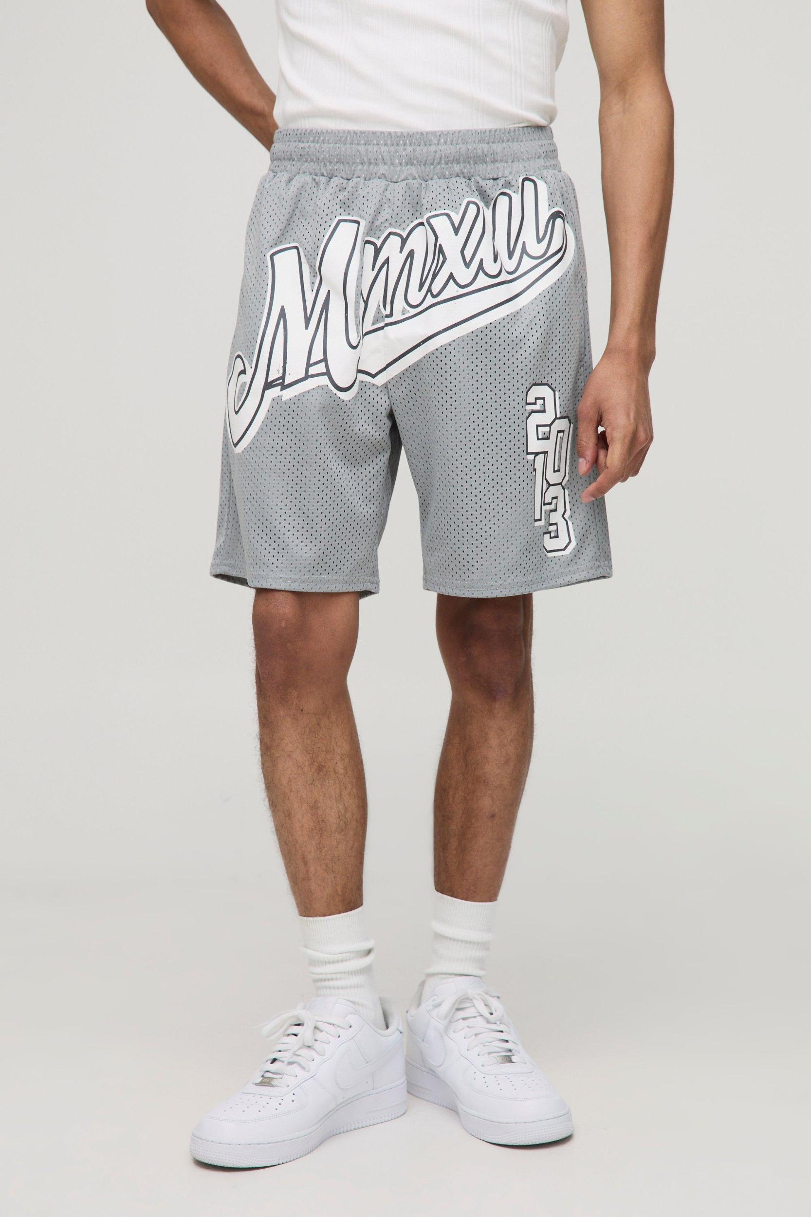 Varsity Graphic Mid Length Mesh Basketball Shorts | boohooMAN USA Product Image