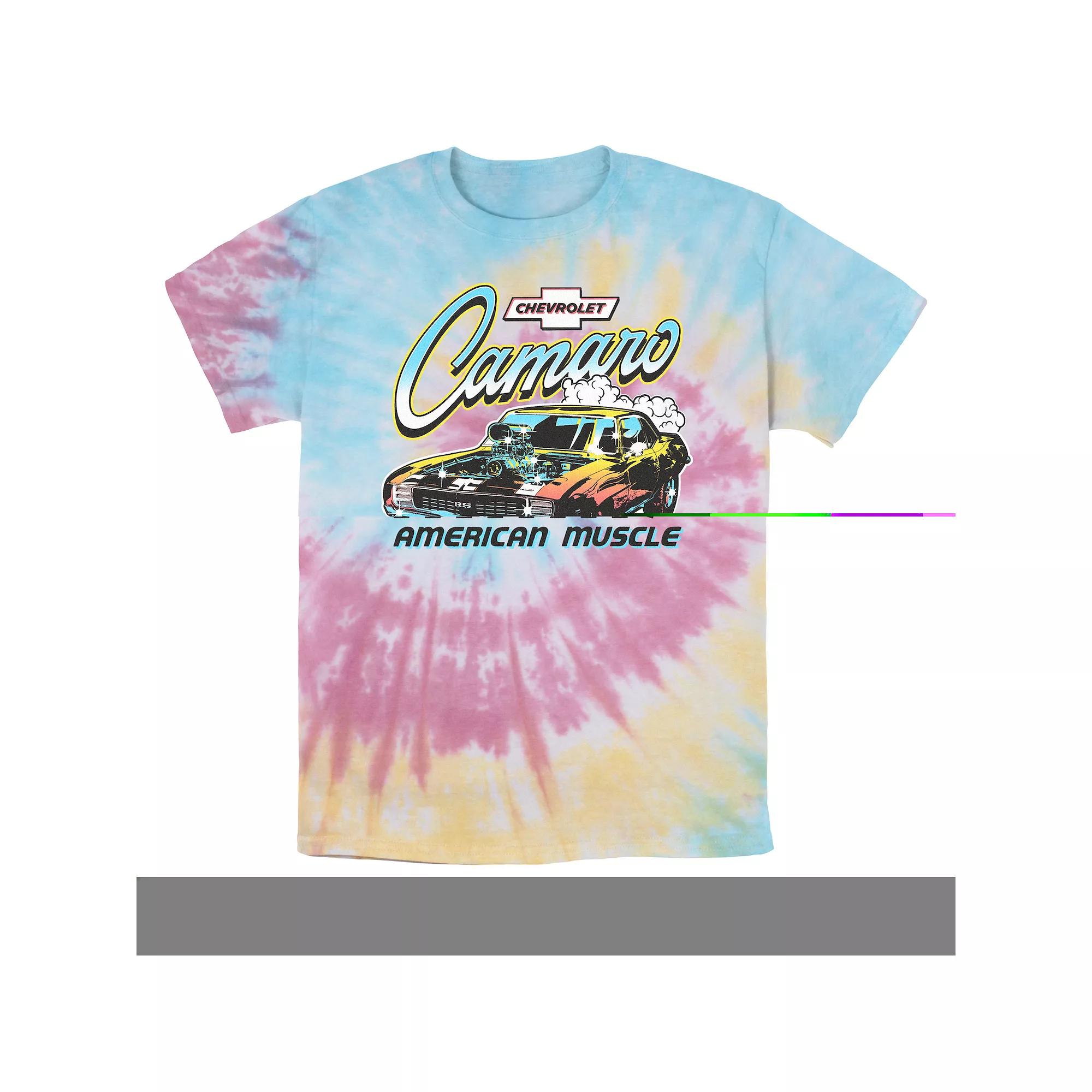 Men's Chevrolet Camaro American Muscle Poster Tie Dye Graphic Tee, Size: Small, Blue Pink Light Yellow Product Image