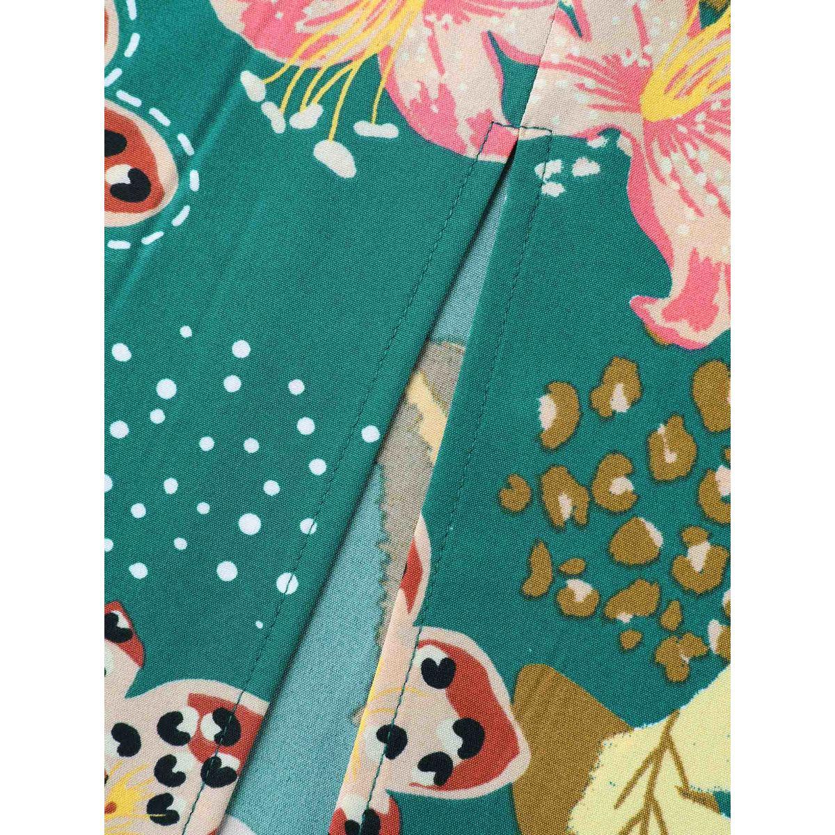 Plus Size Tropical Floral Print Pockets Flowy Midi Dress Teal Women Overlap Collar Short sleeve Curvy BloomChic 14-16/1X Product Image