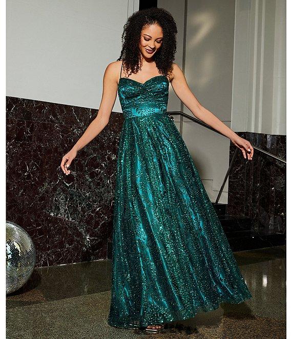 Blondie Nites Glitter Leaf Print Sweetheart Pinch Neck Tie Back A-Line Ball Gown Product Image