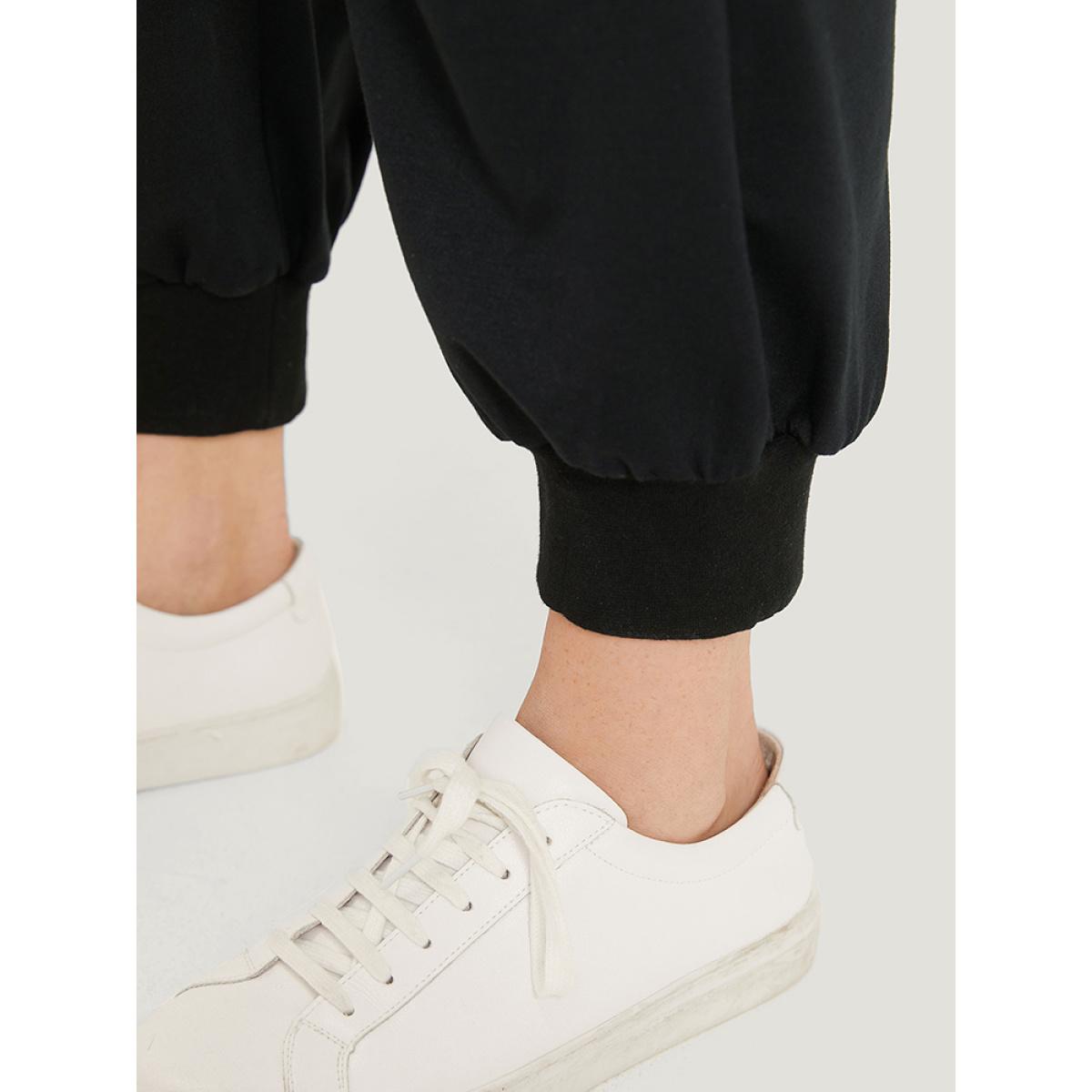 Solid Pocket Bowknot Shirred Sweatpants Black Plus Size Women Casual Dailywear Drawstring 26/4X Bloomchic Product Image