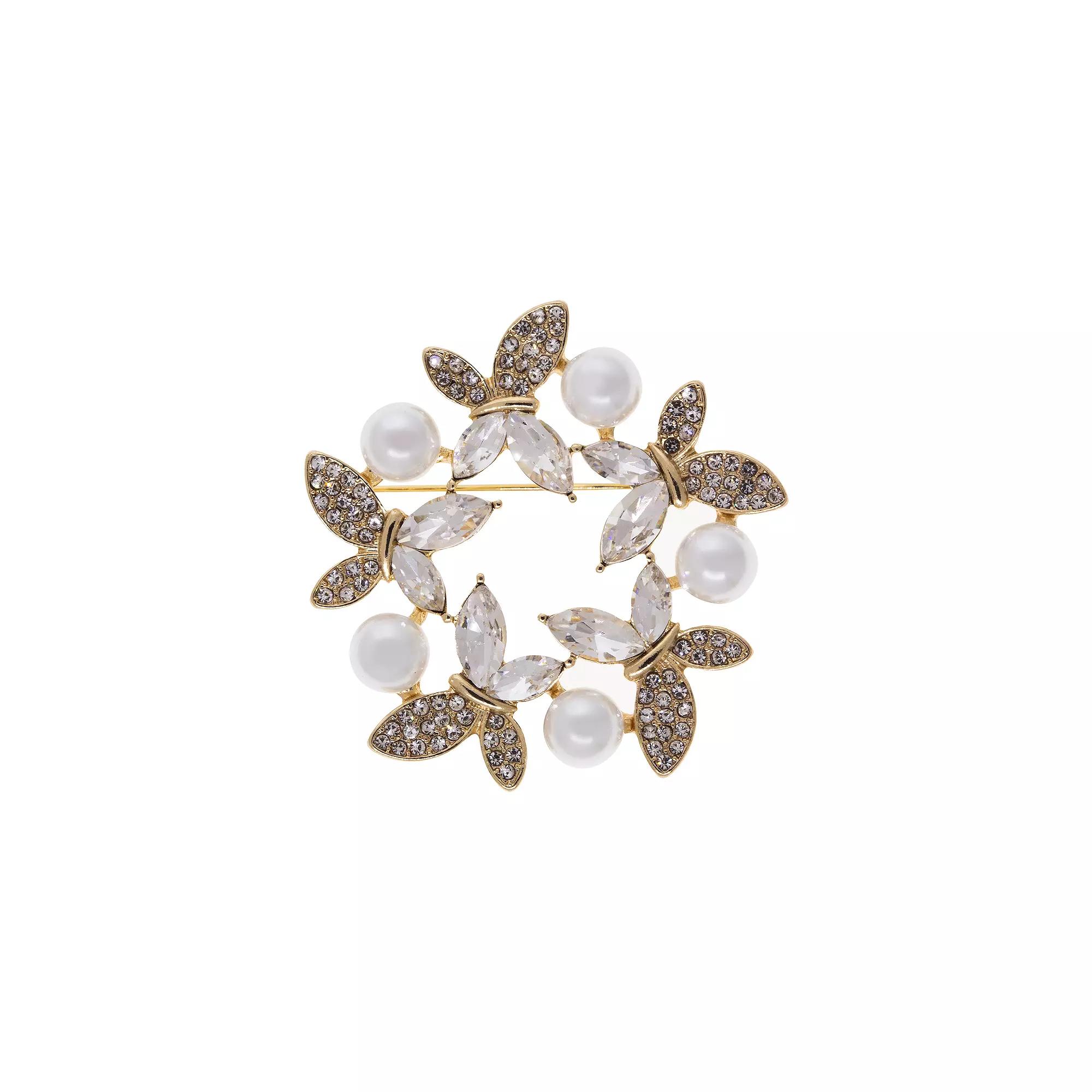 1928 Gold Tone Crystal & Simulated Pearl Round Butterfly Pin, Womens, White Product Image