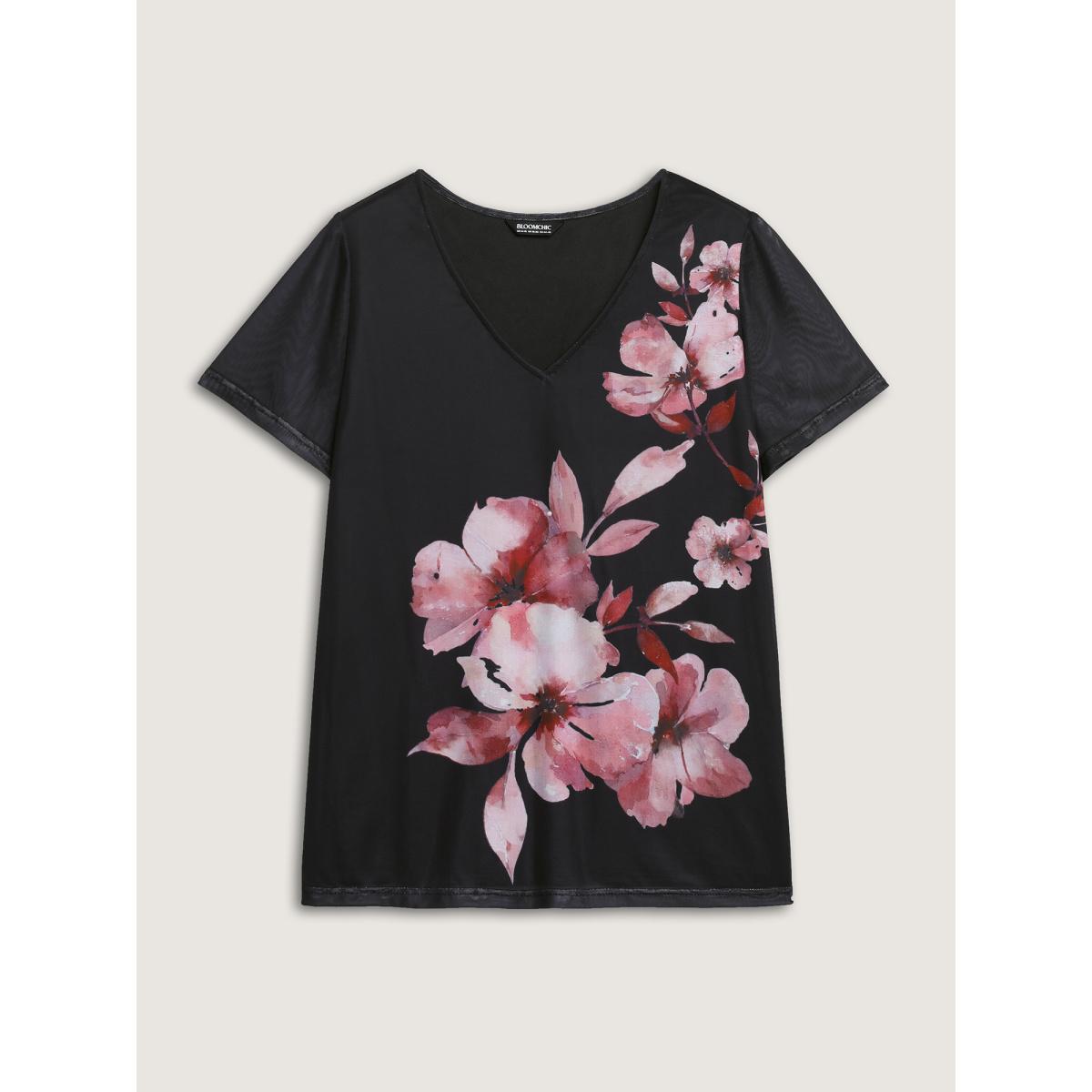 Plus Size Romantic Floral Motif Sheer Knit T-Shirt Black Women Timeless Contrast Natural Flowers V-neck Elegant T-shirts BloomChic 22-24/3X Product Image