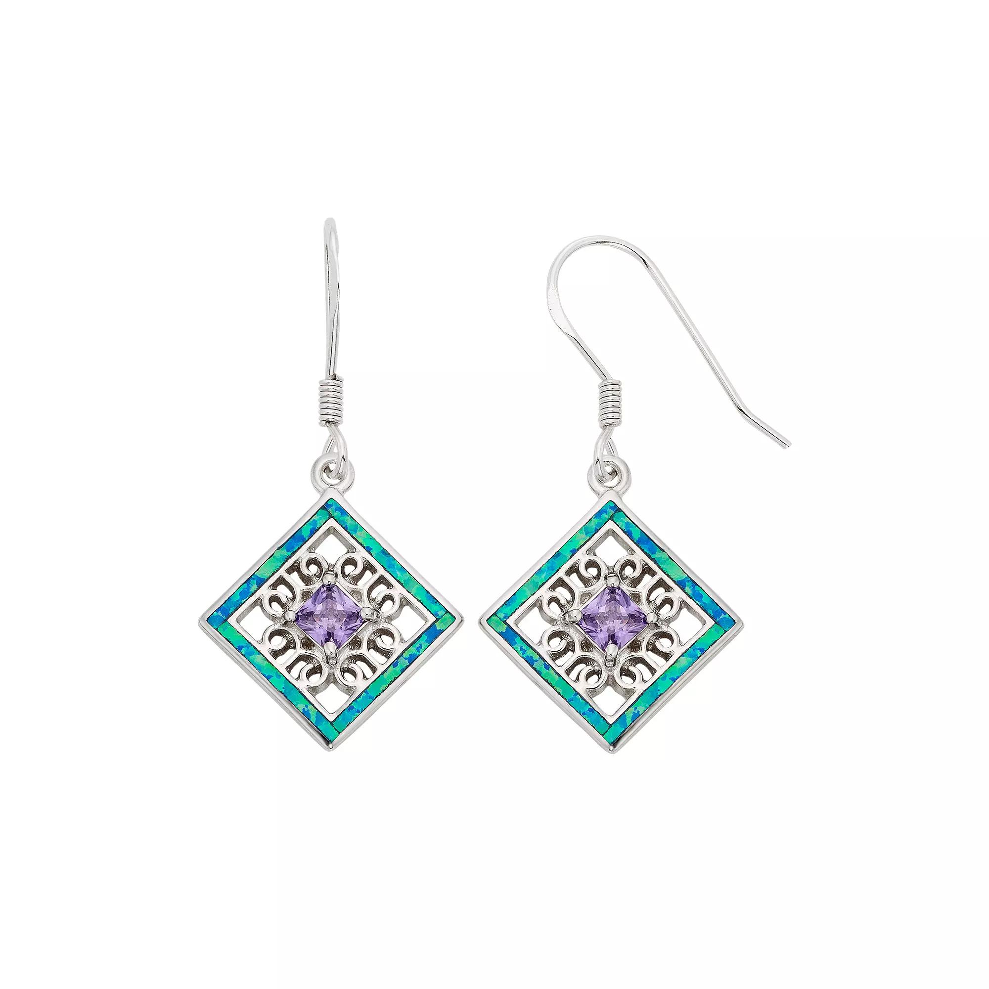 Lab-Created Blue Opal & Cubic Zirconia Sterling Silver Square Drop Earrings, Women's Product Image