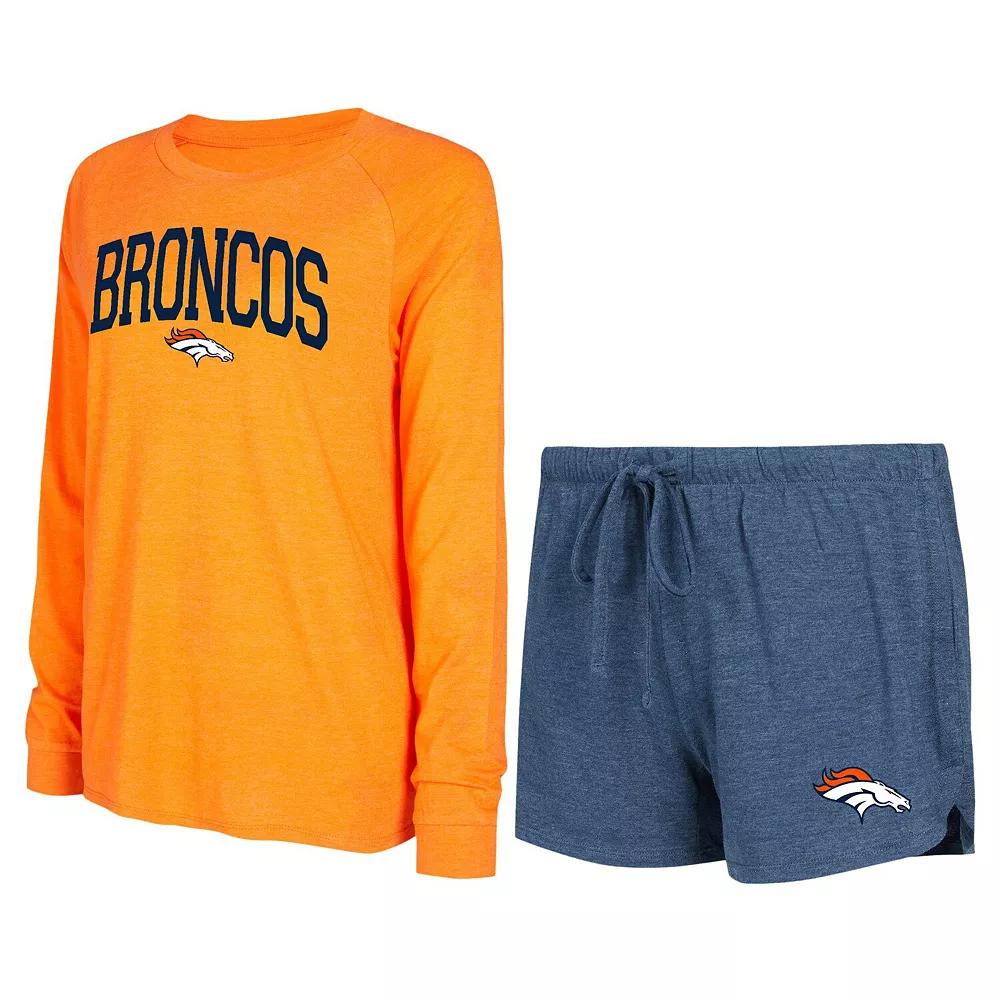 Women's Concepts Sport Navy/Orange Denver Broncos Raglan Long Sleeve T-Shirt & Shorts Lounge Set, Size: Large, Blue Product Image