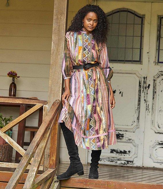 Ro's Garden Jeremy Woven Print Mock Neck Long Balloon Sleeve Button Front Coordinating Blouse Product Image