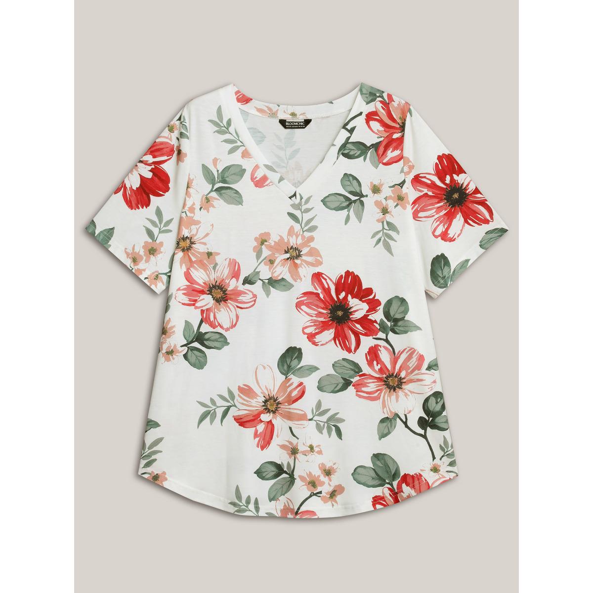 Plus Size Multi-Color Floral Print V-Neck T-Shirt Multicolor Women Timeless Non Natural Flowers V-neck Elegant T-shirts BloomChic 12/L Product Image
