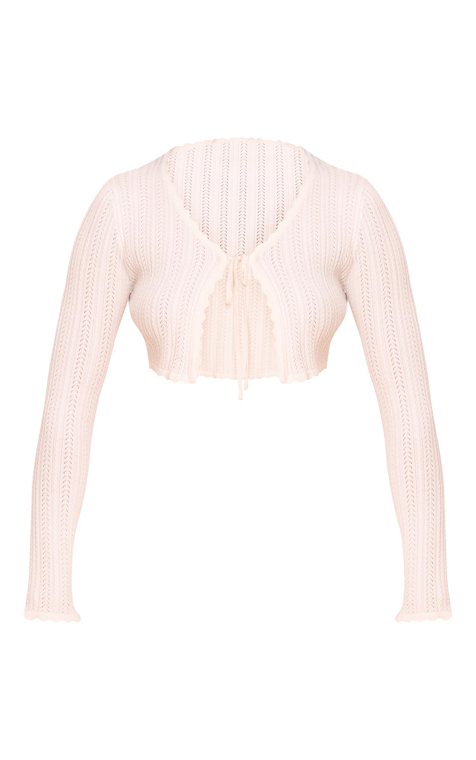 Cream Textured Crochet Knit Tie Front Top Product Image