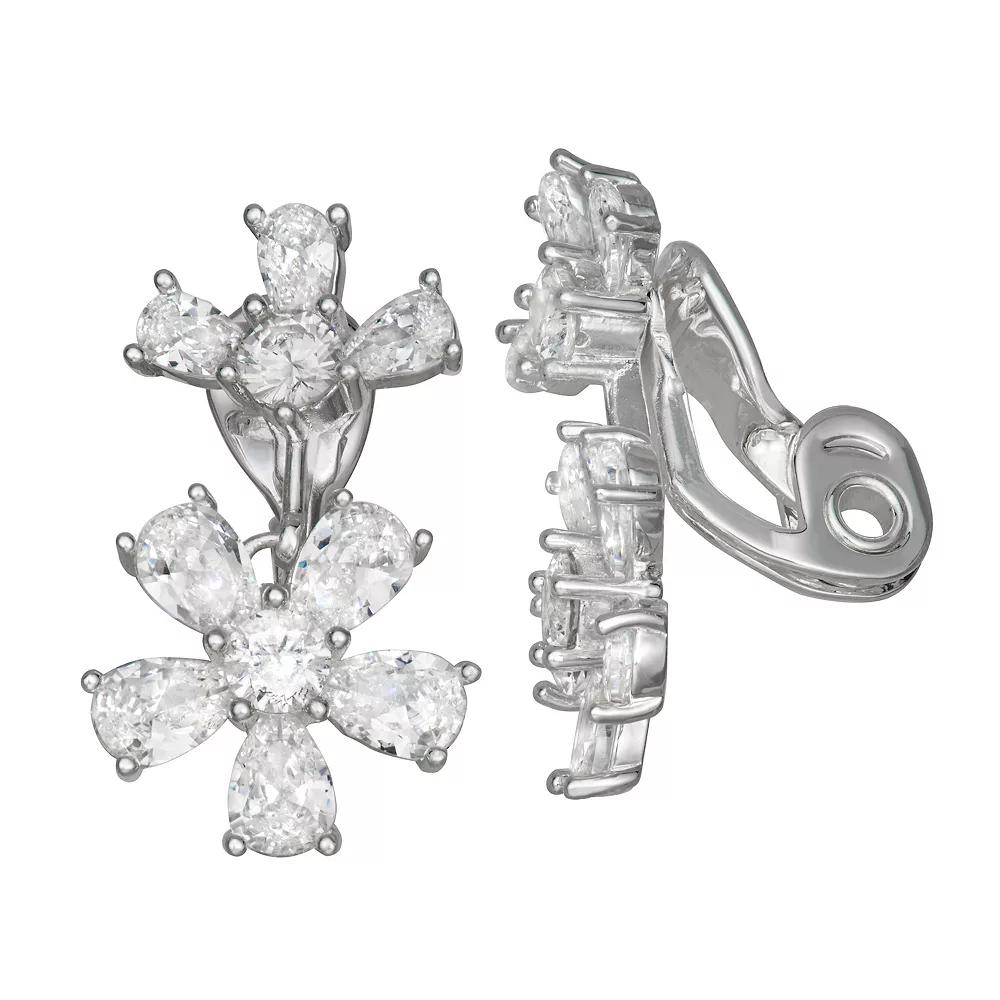 Napier Silver Tone Crystal & Cubic Zirconia Flower Drop Clip-On Earrings, Women's Product Image