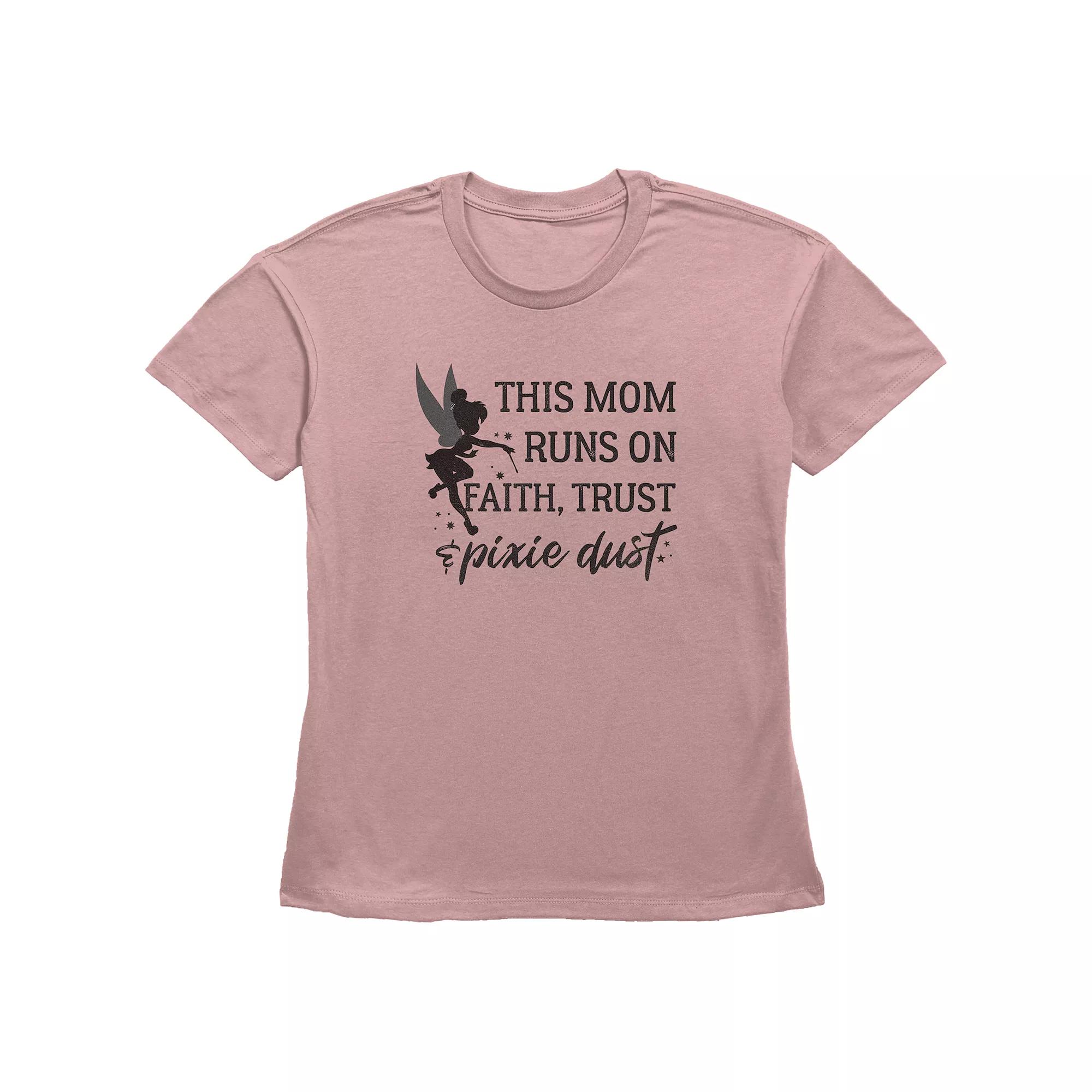 Disney Tinker Bell Women's This Mom Runs On Faith Trust And Pixie Dust Basic Fit Graphic Tee, Size: Small, Desert Pink Product Image