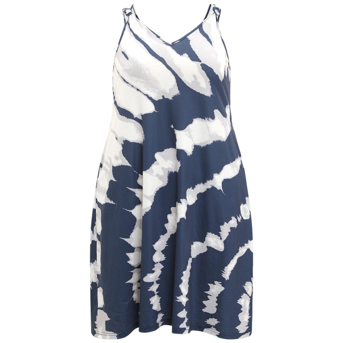 Plus Size Tie Dye Pocket Bowknot Cami Dress Blue Women Casual Tie Dye Spaghetti Strap Sleeveless Curvy Midi Dress BloomChic 12/L Product Image