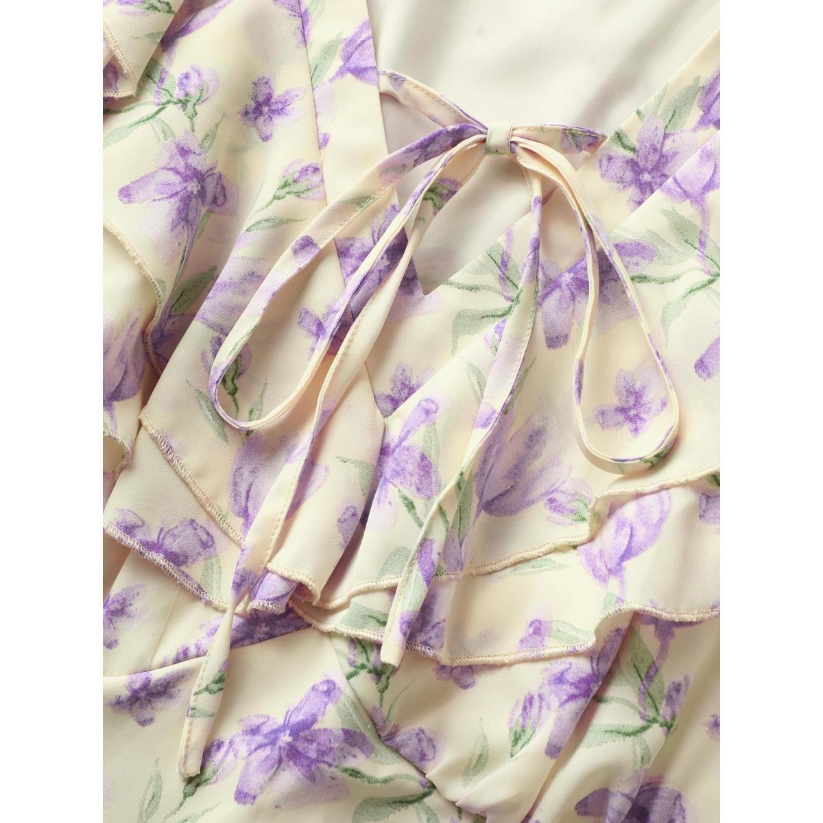 Plus Size Floral Ruffles Shirred Sleeveless Midi Dress Apricot Women Elegant Cross straps V-neck Sleeveless Curvy BloomChic 28/5X Product Image