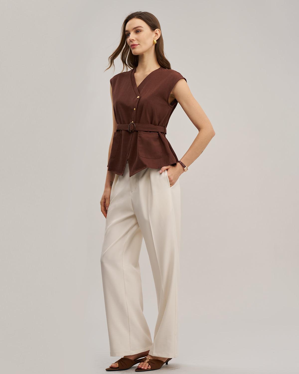 Coffee Round Neck Belted Blouse Product Image