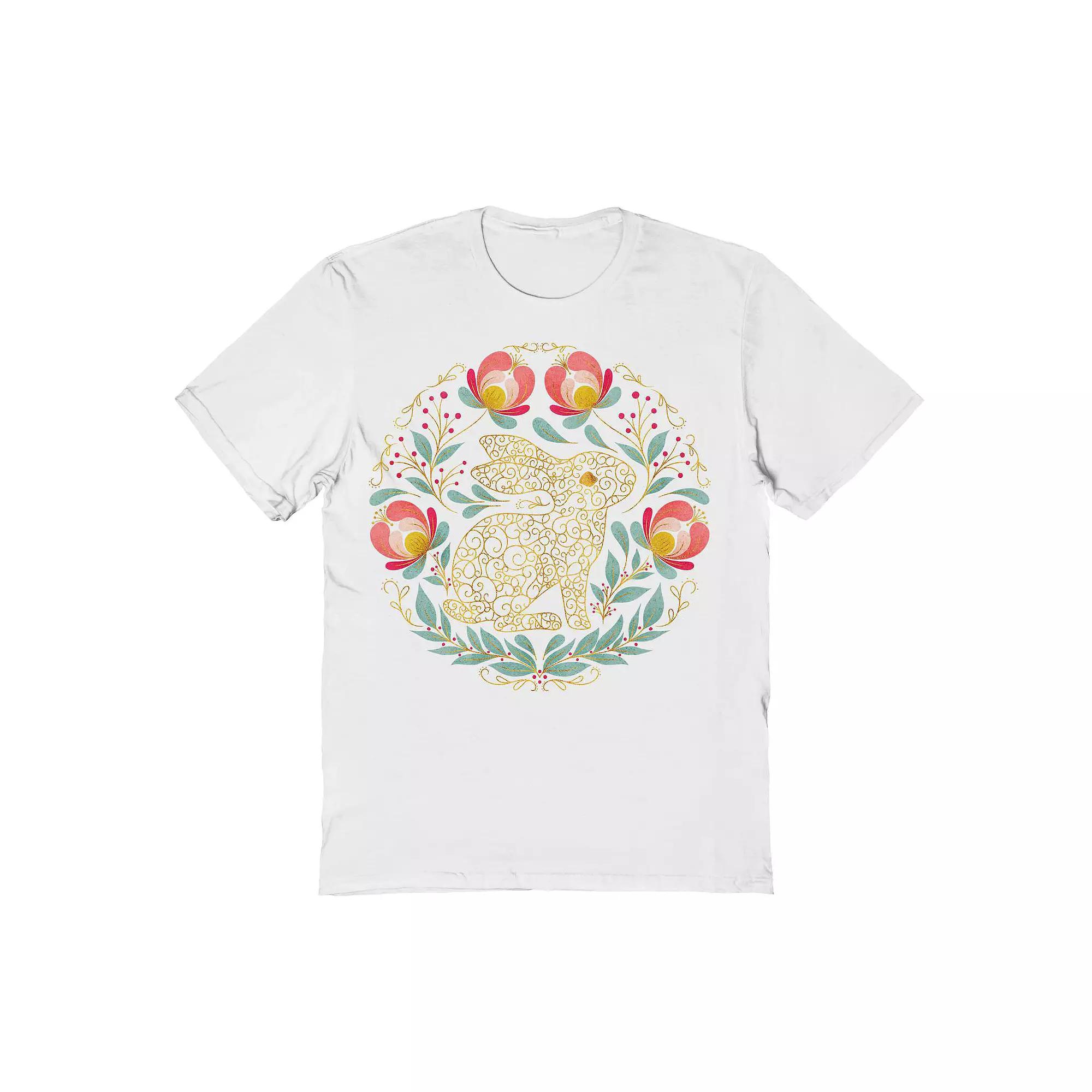 Men's Rabbit Folk-Art Wreath Easter Graphic Tee, Size: Small, White Product Image