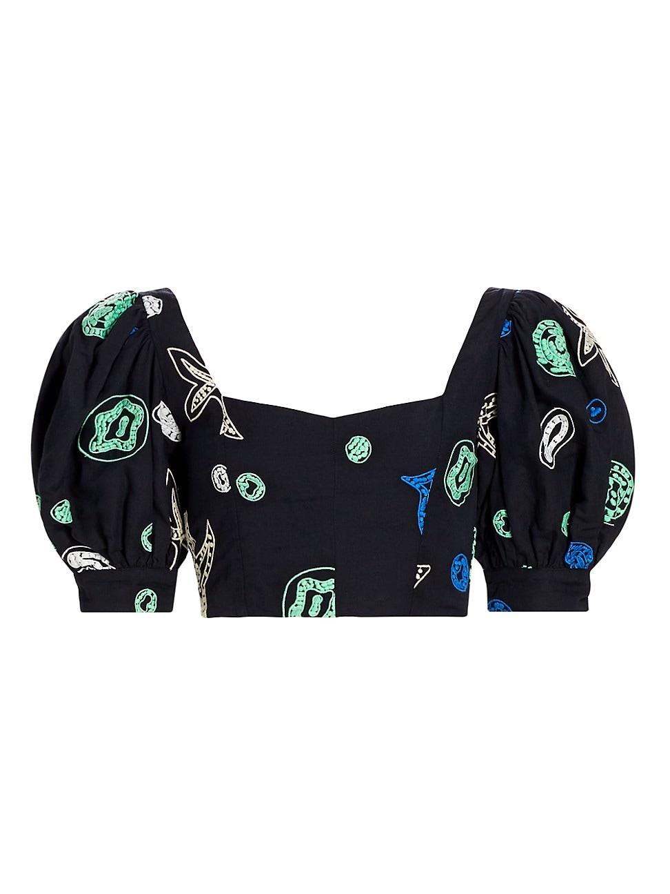 Womens Embroidered Puff-Sleeve Crop Top Size 0 Product Image