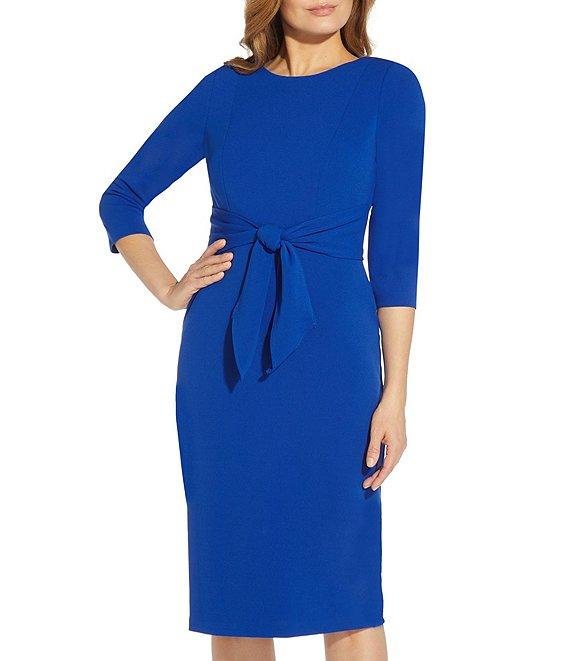 Adrianna Papell Stretch Crepe Crew Neck Tie Waist 3/4 Sleeve Midi Sheath Dress Product Image