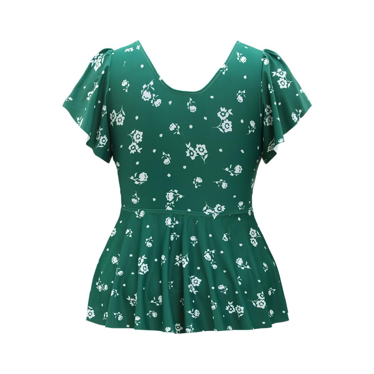 Plus Size Floral Print V Neck Ruffle Sleeve Tankini Top Women's Swimwear Green Vacation A-line High stretch Bodycon V-neck Curve Swim Tops BloomChic 10/M Product Image