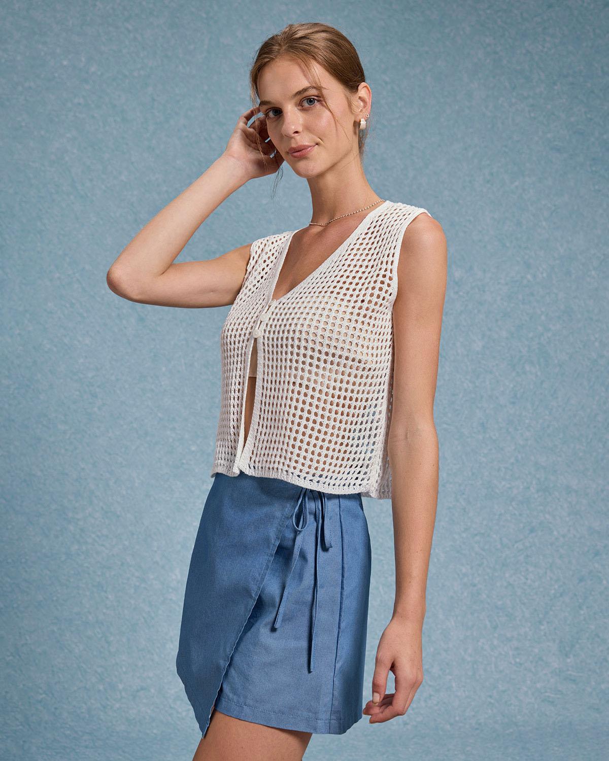 White V Neck Cut Out Tank Top Product Image