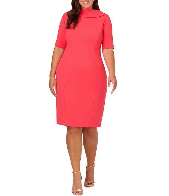Adrianna Papell Plus Size V-Back Foldover Collar Short Sleeve Sheath Dress Product Image