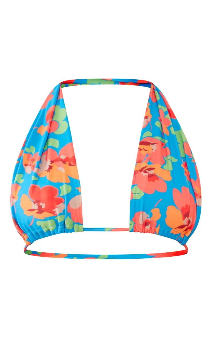Blue Floral Tie Front Plunge Bikini Top Product Image