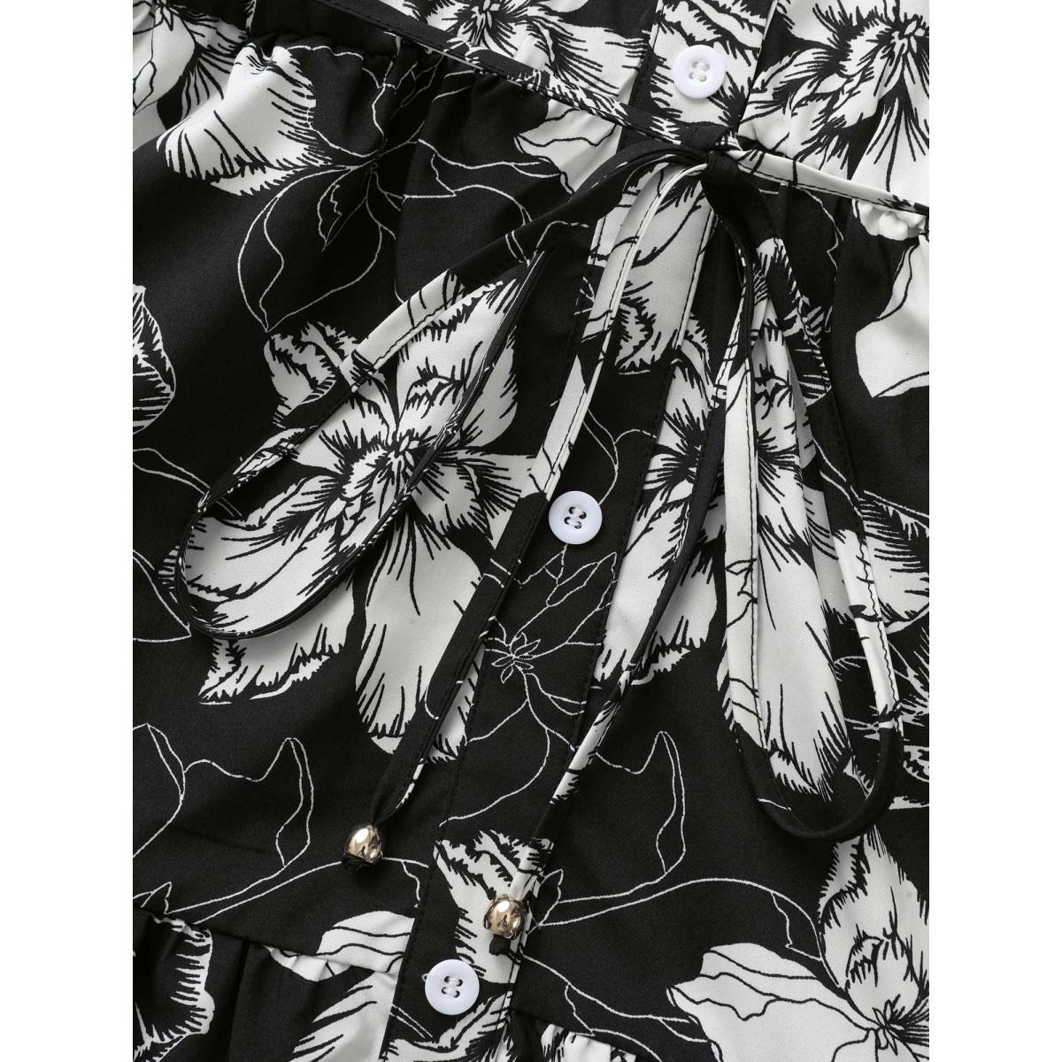 Plus Size Floral Shirt Collar Belted Midi Dress Black Women Elegant Belted Shirt collar Short sleeve Curvy BloomChic 26/4X Product Image