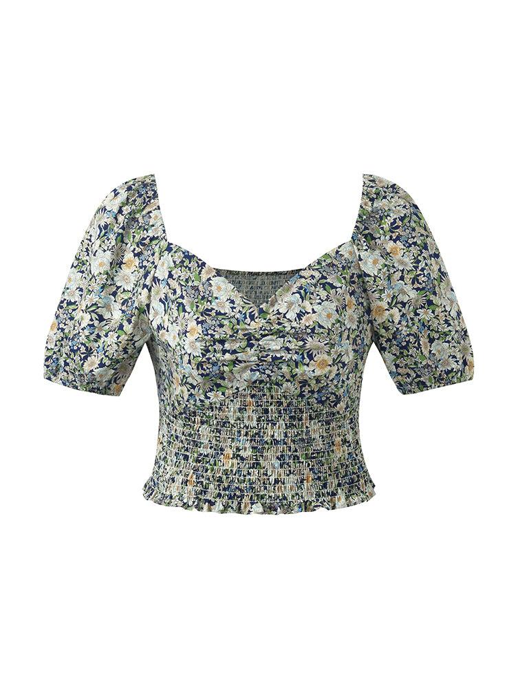 Floral Print Square Neck Puff Sleeves Women Blouse Product Image