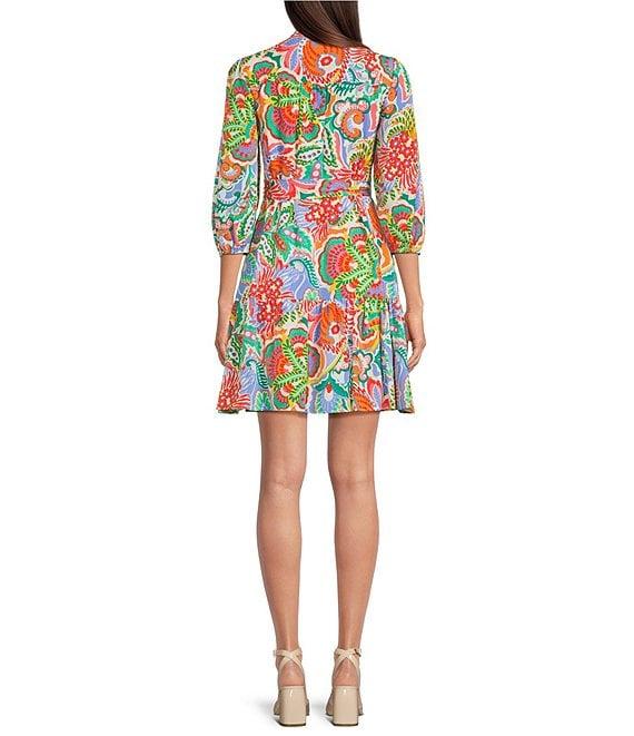Jessica Howard Split V-Neck Floral Print 3/4 Sleeve A-Line Dress Product Image