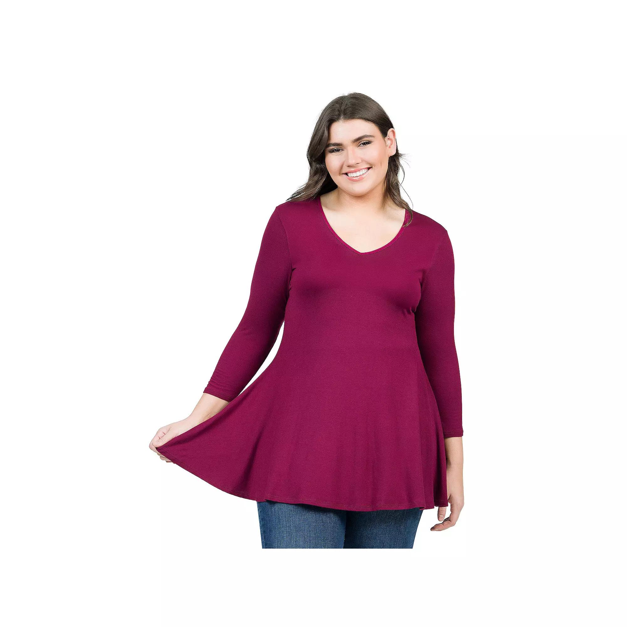 Plus Size 24Seven Comfort Apparel Quarter Sleeve V-Neck Tunic Top, Womens Green Product Image