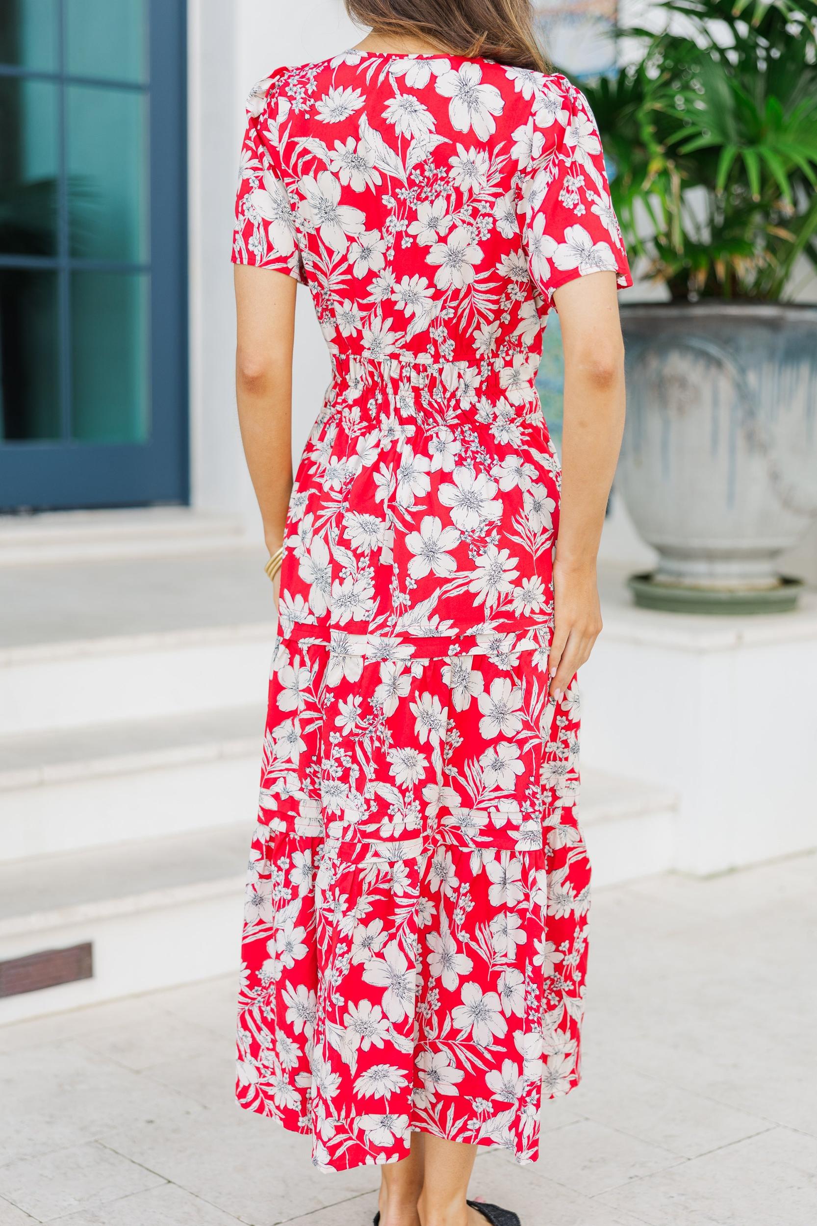 It's In The Air Red Floral Tiered Midi Dress Female Product Image