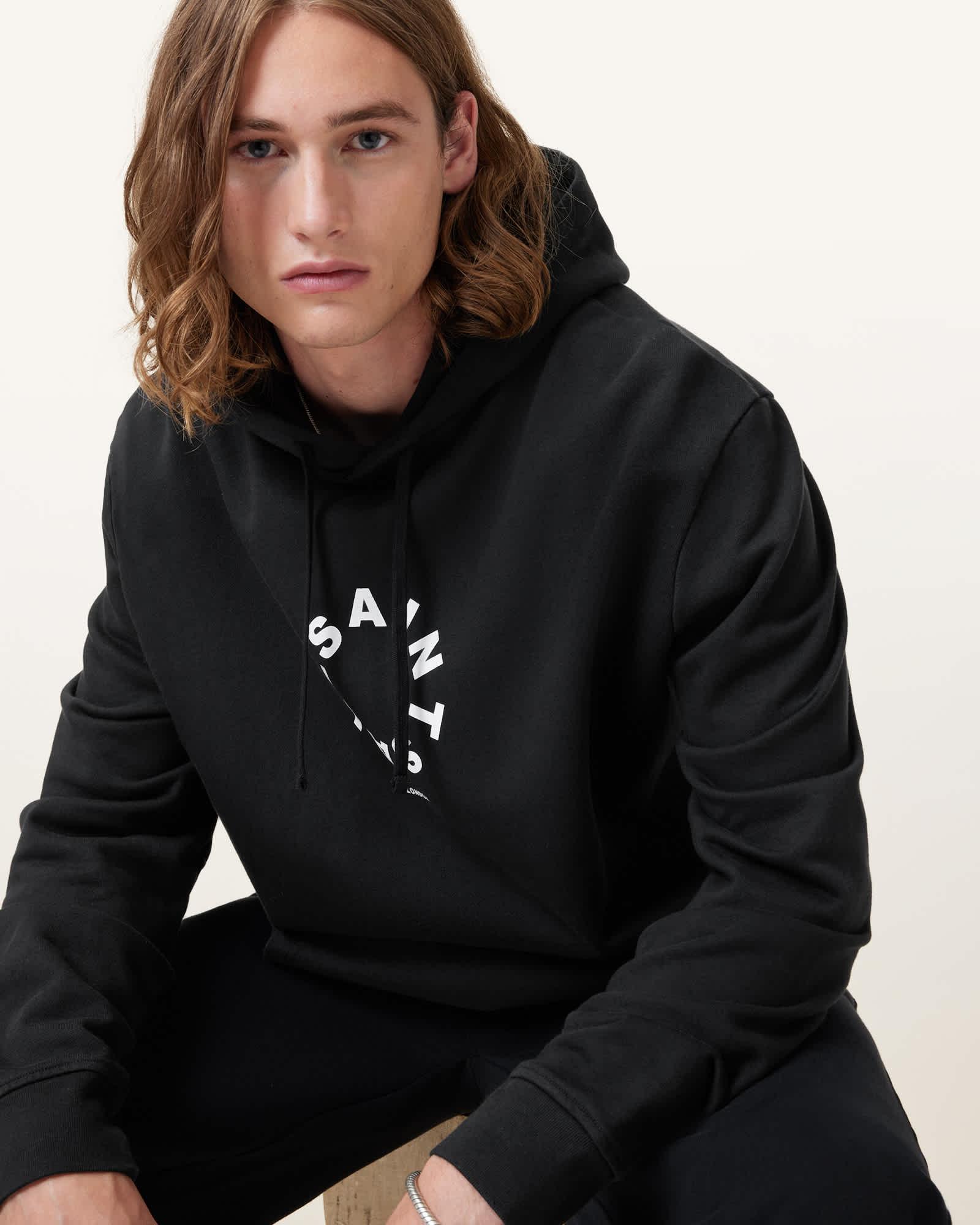 Tierra Pullover Circle Logo Hoodie Jet Black | ALLSAINTS US Product Image