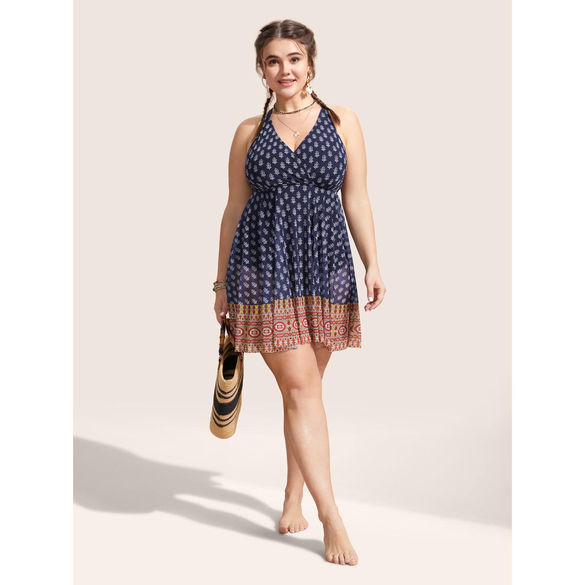 Plus Size Overlap Collar Boho Print Patchwork Swim Dress Women's Swimwear Indigo Beach Bodycon Overlap Collar High stretch Curve Swim Dresses BloomChic 12/L Product Image