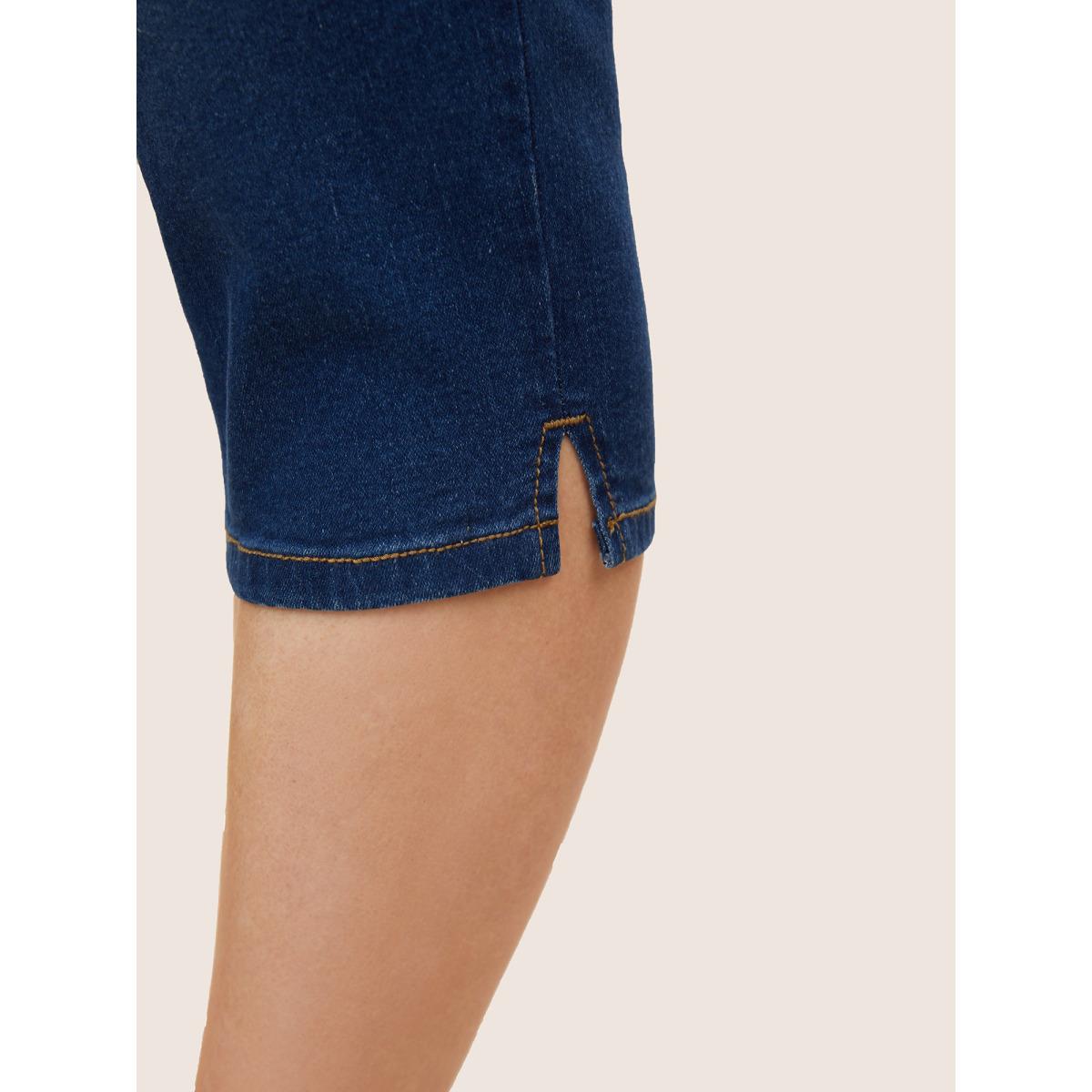 Plus Size Dark Wash Elastic Waist Split Side Jeans Women Blue Casual Slit High stretch Slanted pocket Jeans BloomChic 24/3X Product Image